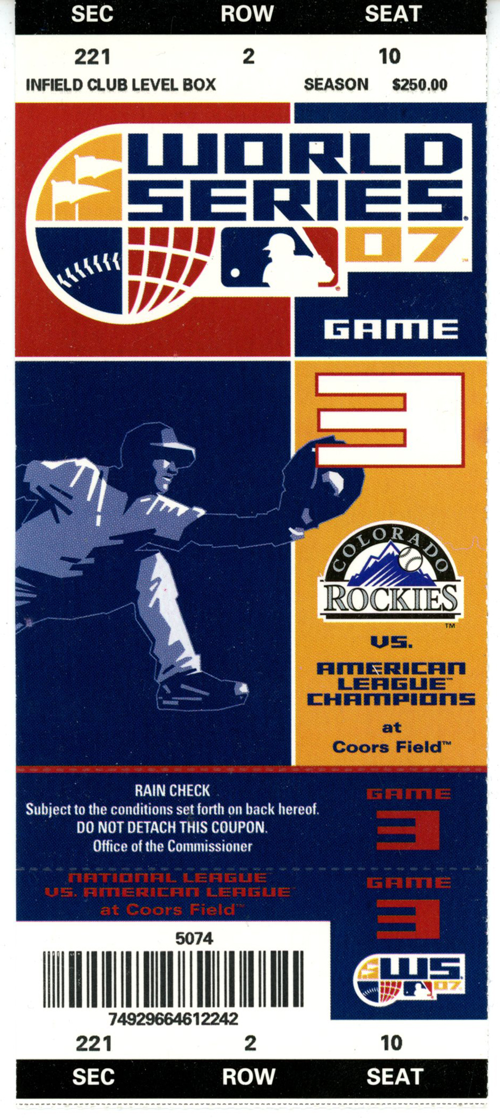 Colorado Rockies 2007 Game 3 World Series Ticket Stub Boston Red Sox 35773