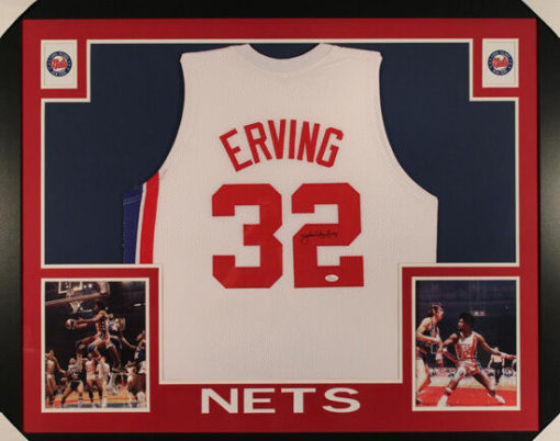 Julius Erving Autographed New Jersey Nets Framed White XL Jersey JSA 20164