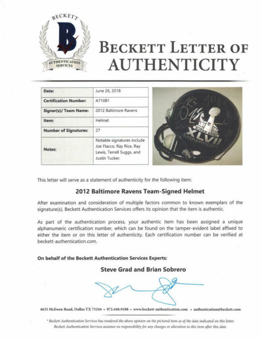 2012 Baltimore Ravens Team Signed Replica SB XVLII Helmet 27 Sigs BAS 21724