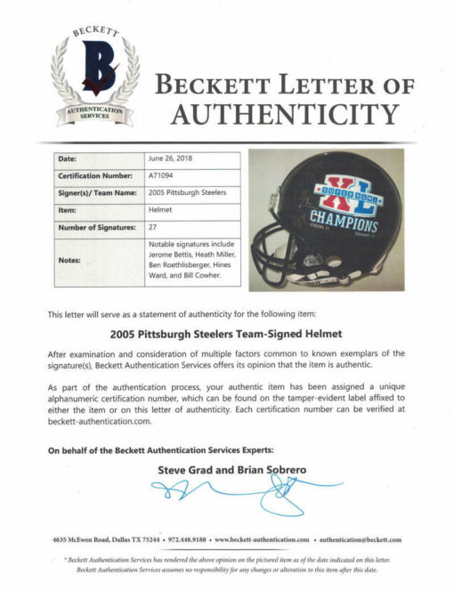 Pittsburgh Steelers Super Bowl XL Signed Proline Helmet 27 Sigs Bettis BAS 21734