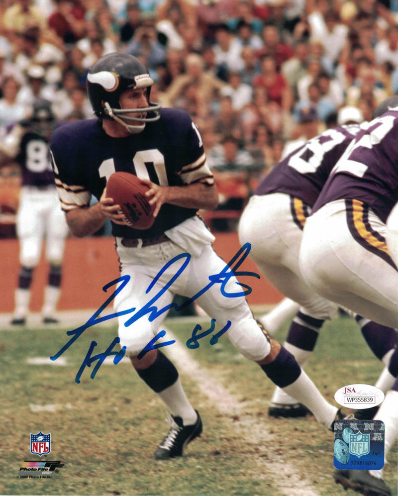 Fran Tarkenton Autographed/Signed Minnesota Vikings 8x10 Photo JSA 21773
