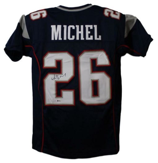 Sony Michel Autographed/Signed New England Patriots Blue XL Jersey BAS 22630