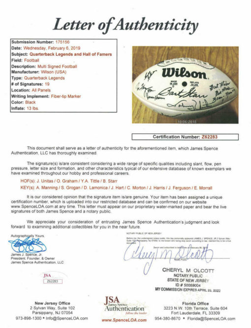 QB Legends Football Autographed/Signed Johnny Unitas Starr Manning +17 JSA 22772