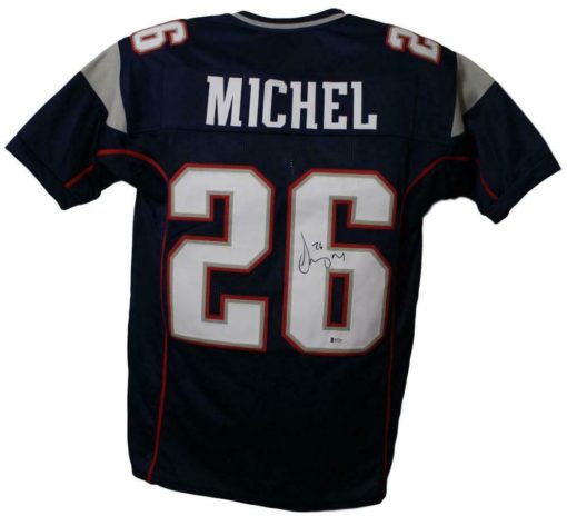 Sony Michel Autographed/Signed New England Patriots Blue XL Jersey BAS 22982