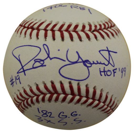 Robin Yount Autographed/Signed Milwaukee Brewers OML Baseball 6 Insc JSA 23879