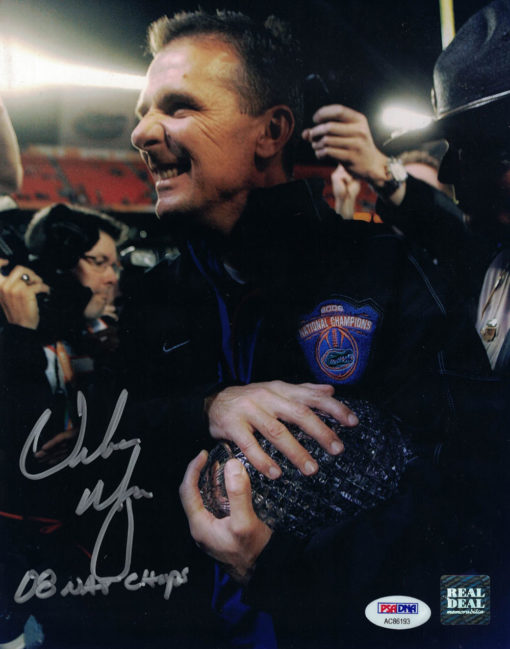 Urban Meyer Autographed/Signed Florida Gators 8x10 Photo Natl Champs PSA 26974