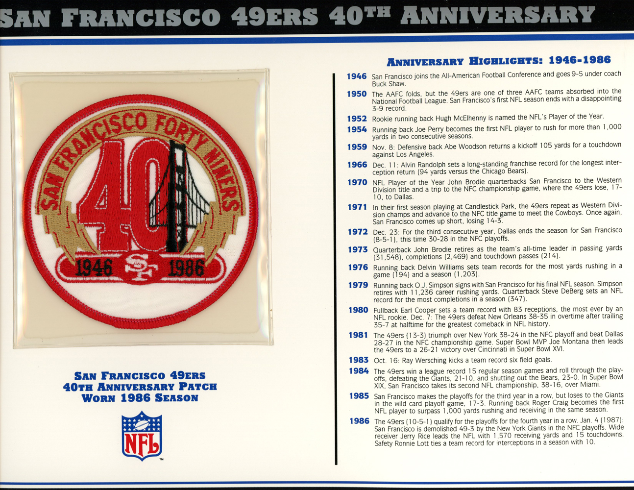 San Francisco 49ers 40th Anniversary Patch Stat Card Official Willabee & Ward