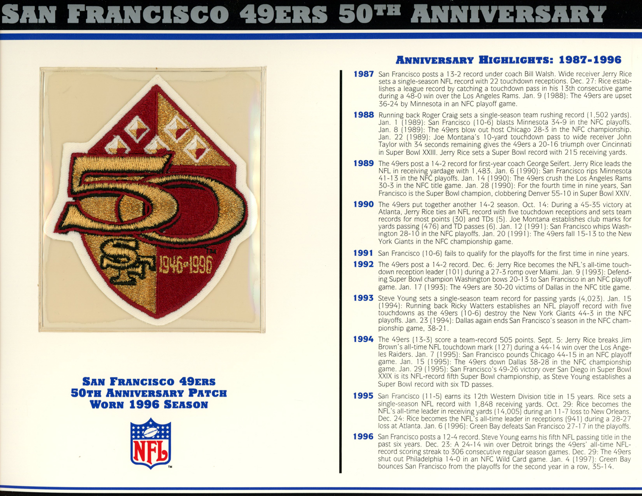 San Francisco 49ers 50th Anniversary Patch Stat Card Willabee & Ward
