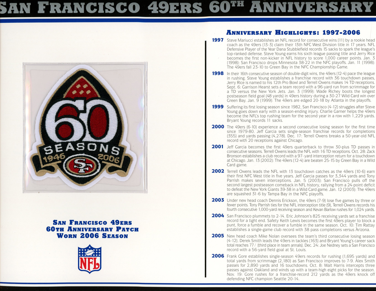 San Francisco 49ers 60th Anniversary Patch Stat Card Official Willabee & Ward