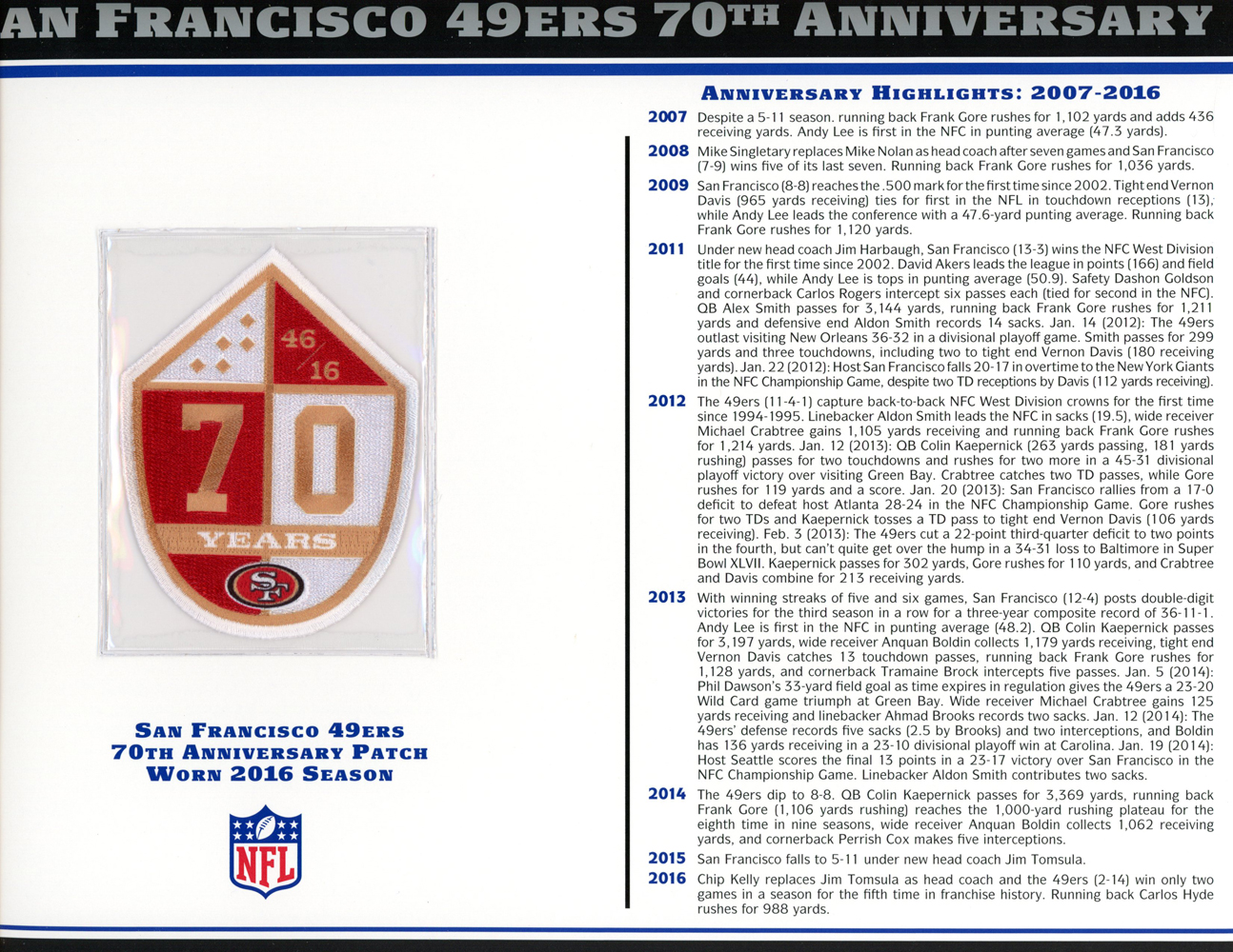 San Francisco 49ers 70th Anniversary Patch Stat Card Willabee & Ward