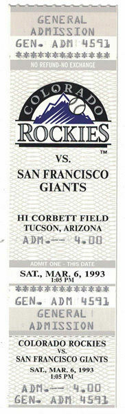 Colorado Rockies 1st Win 1993 Spring Training Ticket Stub Vs Giants 80120