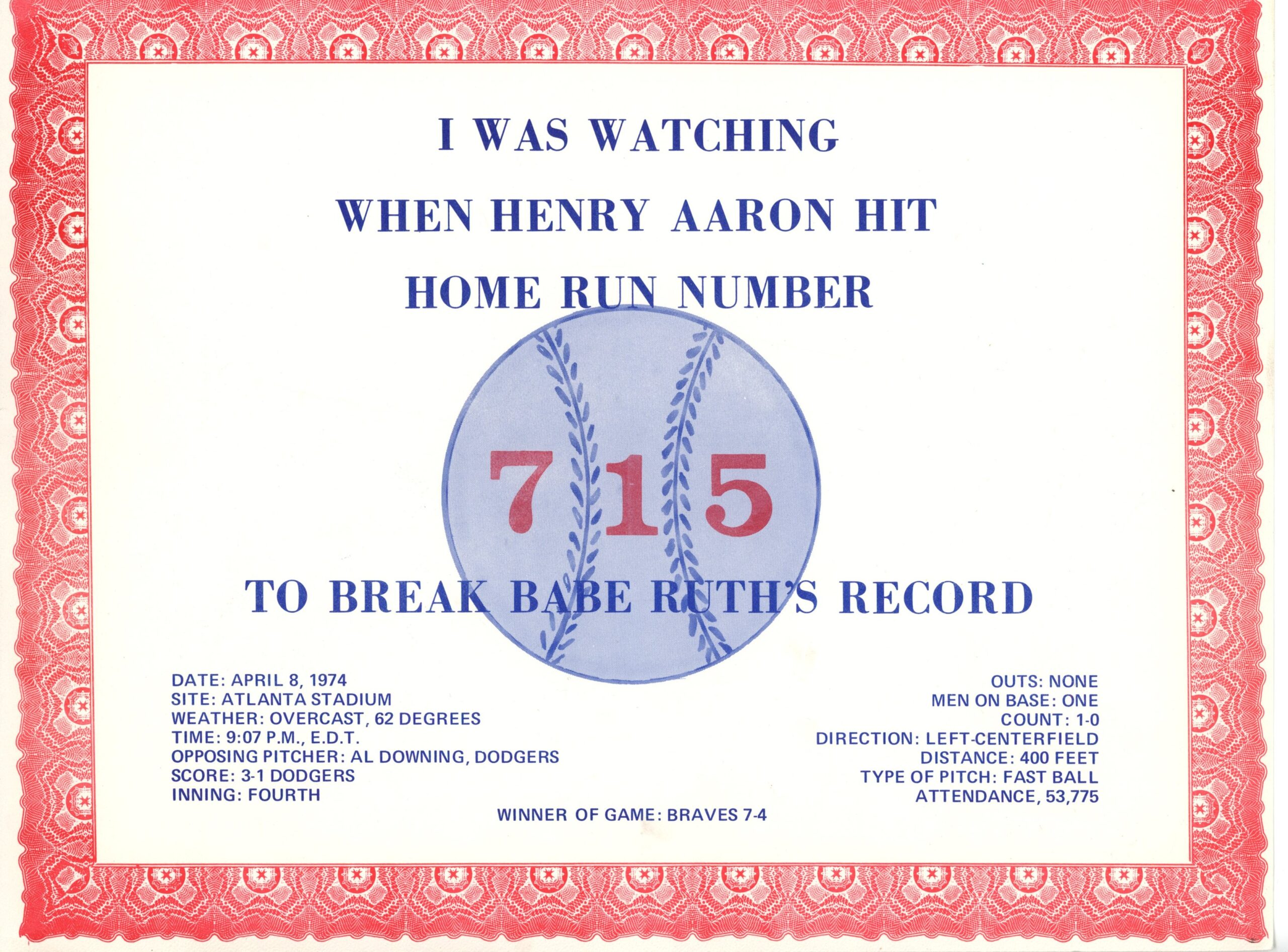 Hank Aaron Atlanta Braves I Was Watching 715 Home Run Card + COA included 56262 1 Hank Aaron Atlanta Braves I Was Watching 715 Home Run Card + COA included 56262