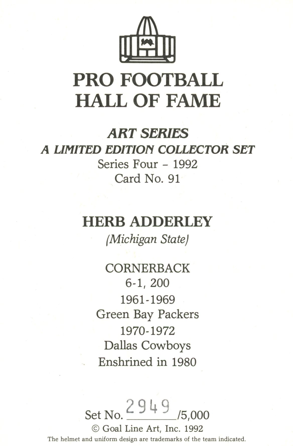 Herb Adderley Green Bay Packers Goal Line Art Card Series 4 No 91 LE /5000 58033 2 Herb Adderley Green Bay Packers Goal Line Art Card Series 4 No 91 LE /5000 58033