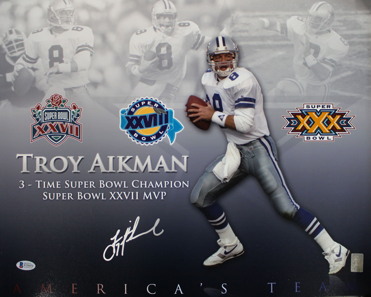 Troy Aikman Autographed/Signed Dallas Cowboys 16x20 Photo BAS 29022