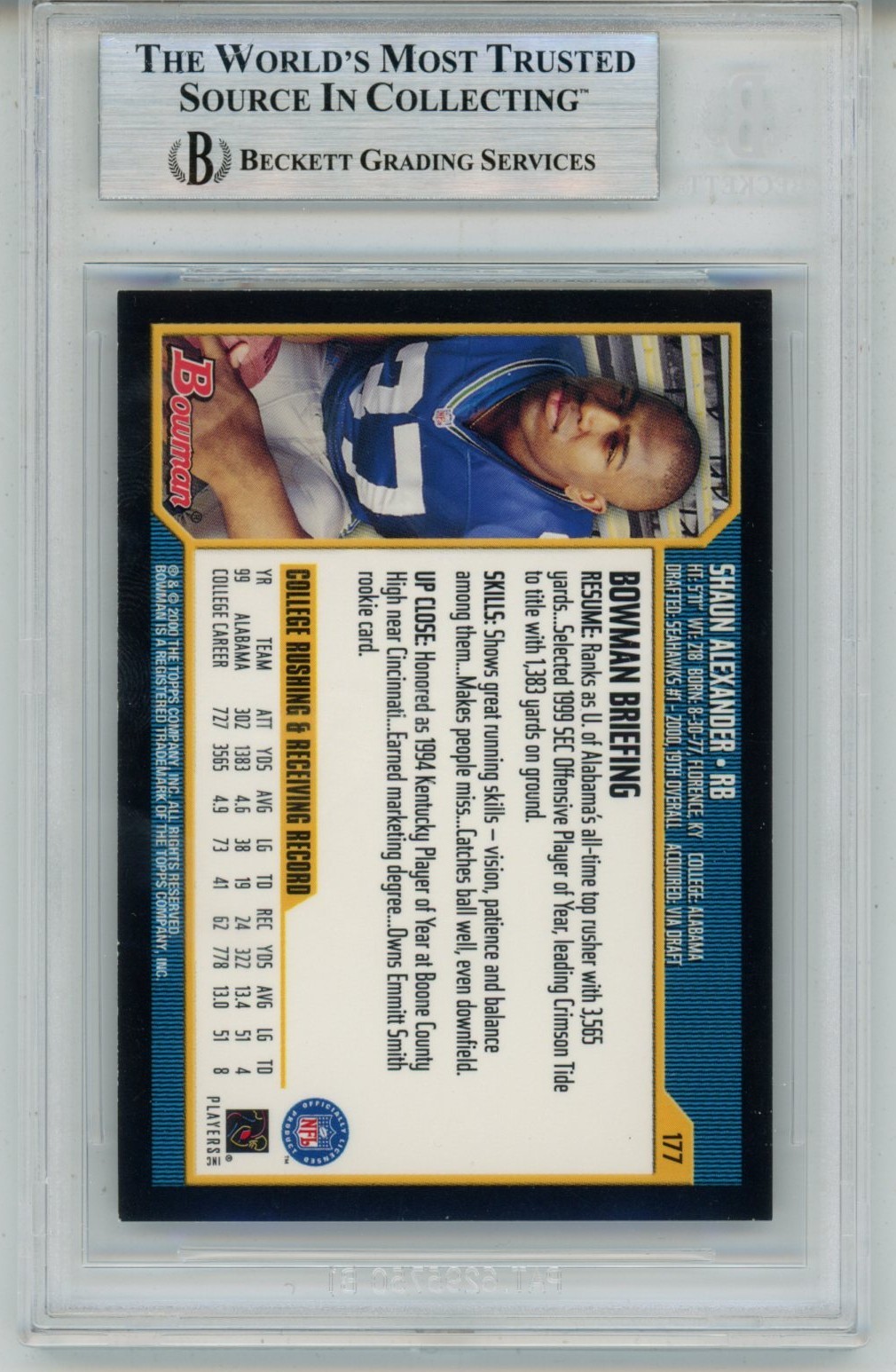 Shaun Alexander Autographed 2000 Bowman #177 Trading Card Slab Beckett 57112 2 Shaun Alexander Autographed 2000 Bowman #177 Trading Card Slab Beckett 57112