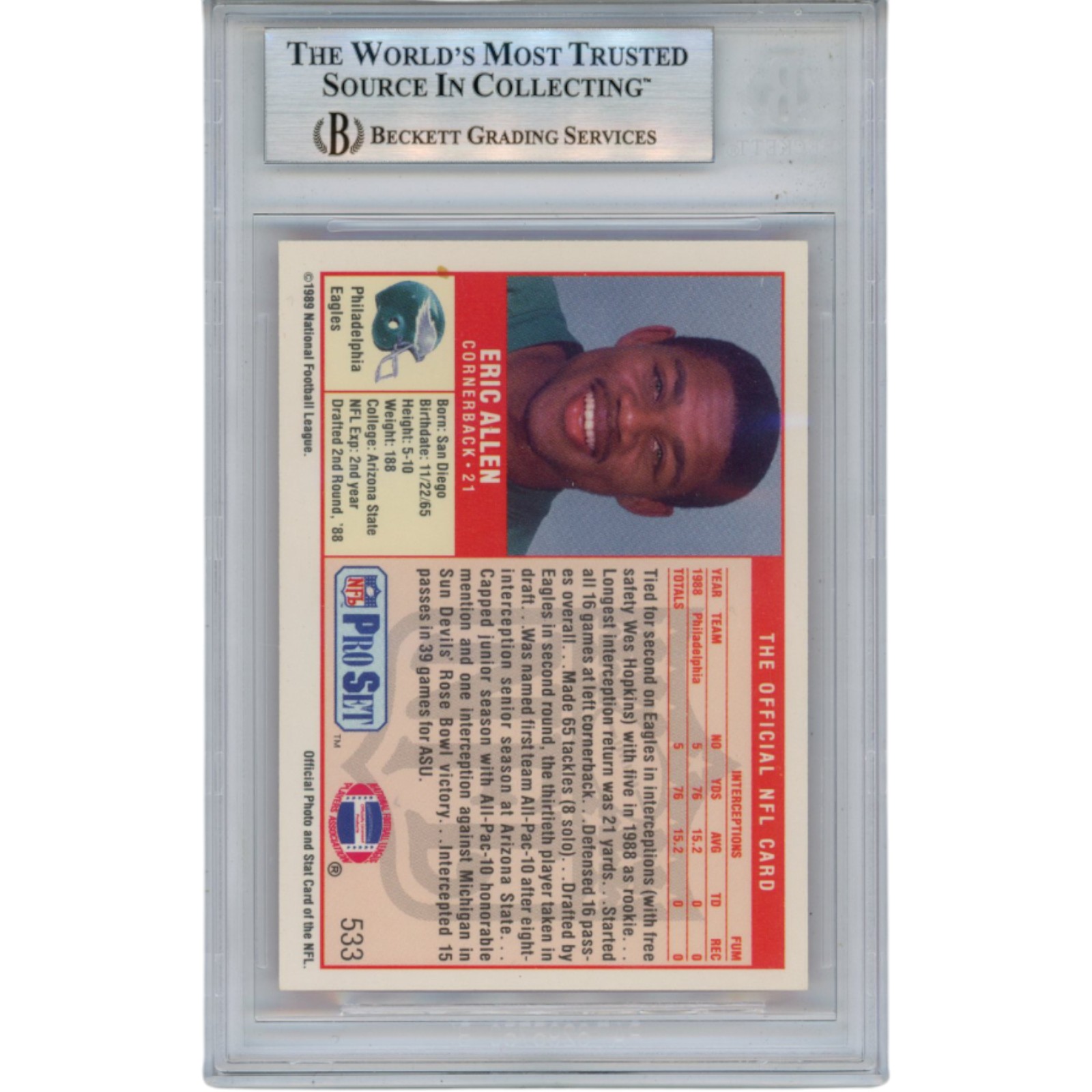 Eric Allen Autographed/SIgned 1989 Pro Set #533 Trading Card HOF Beckett 53186 2 Eric Allen Autographed/SIgned 1989 Pro Set #533 Trading Card HOF Beckett 53186