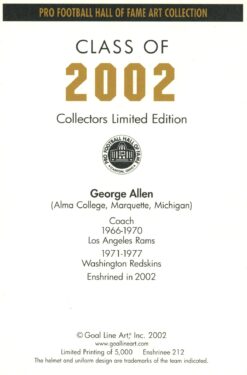 George Allen Washington Redskins Goal Line Art Card Class of 2002 58034