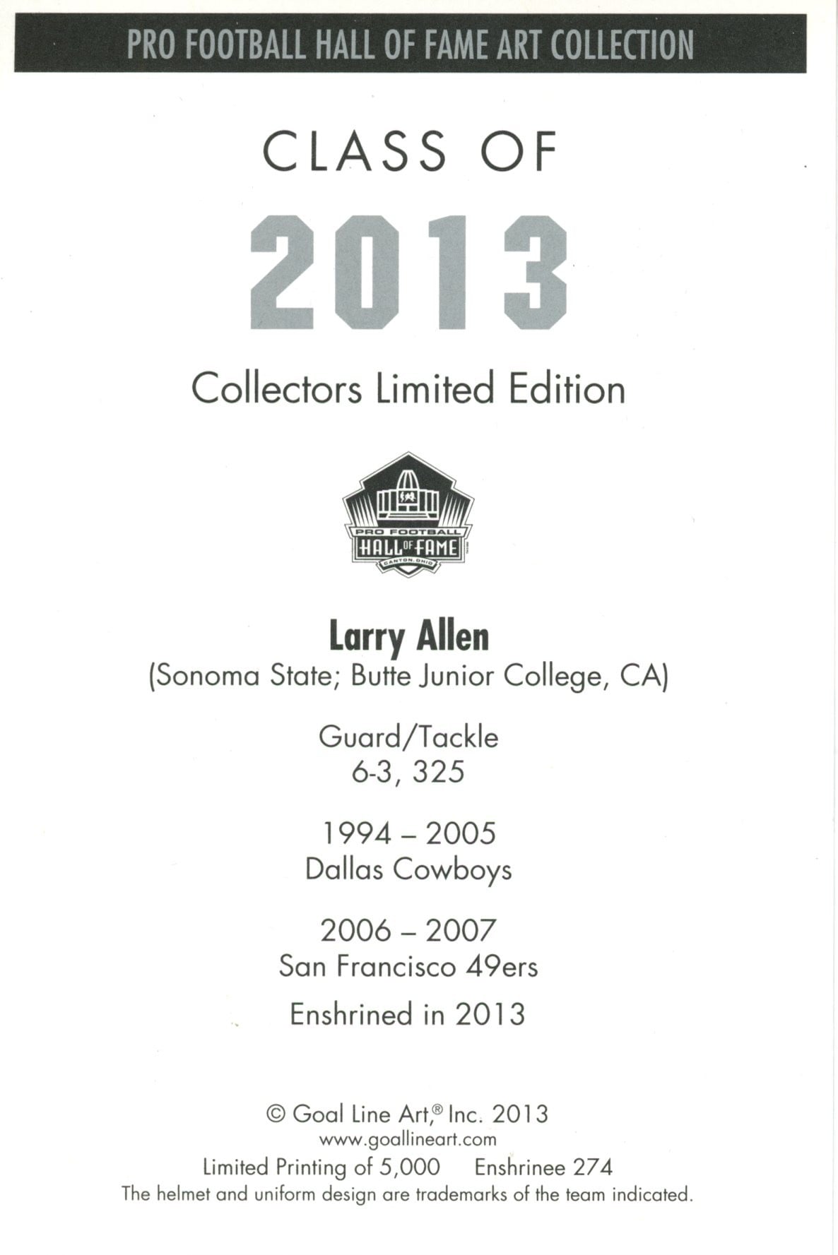 Larry Allen Dallas Cowboys Goal Line Art Card Class of 2013 58035 2 Larry Allen Dallas Cowboys Goal Line Art Card Class of 2013 58035