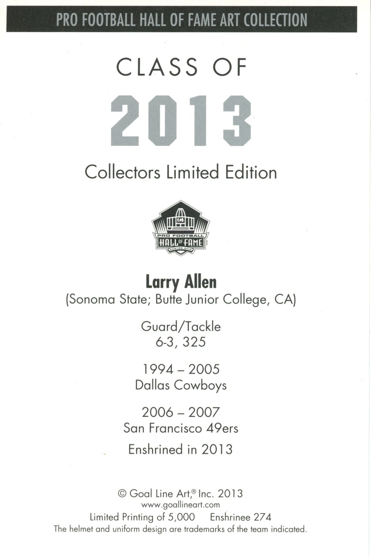 Larry Allen Dallas Cowboys Goal Line Art Card Class of 2013 58035 2 Larry Allen Dallas Cowboys Goal Line Art Card Class of 2013 58035