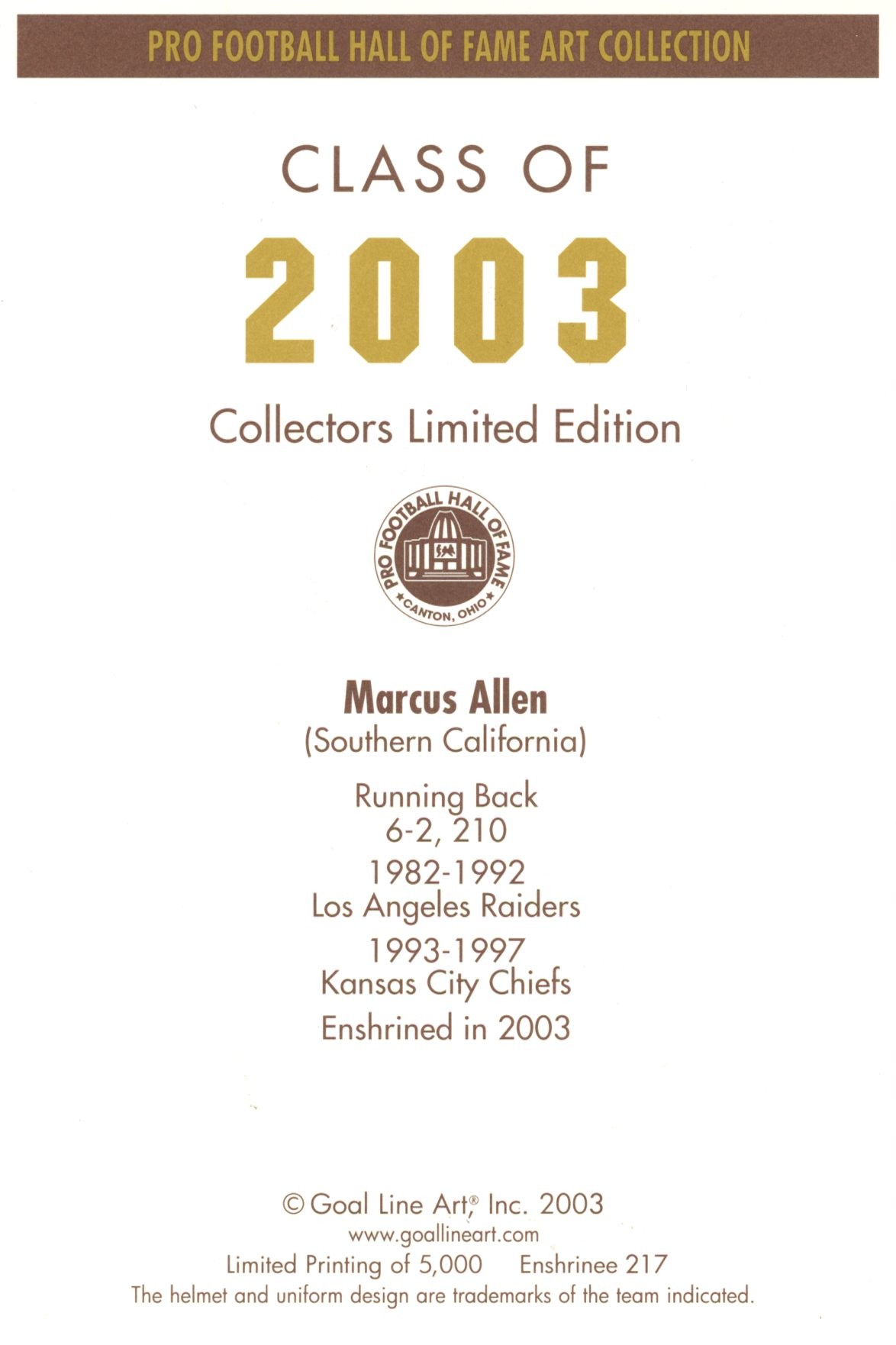 Marcus Allen Los Angeles Raiders Goal Line Art Card Class of 2003 58036 2 Marcus Allen Los Angeles Raiders Goal Line Art Card Class of 2003 58036