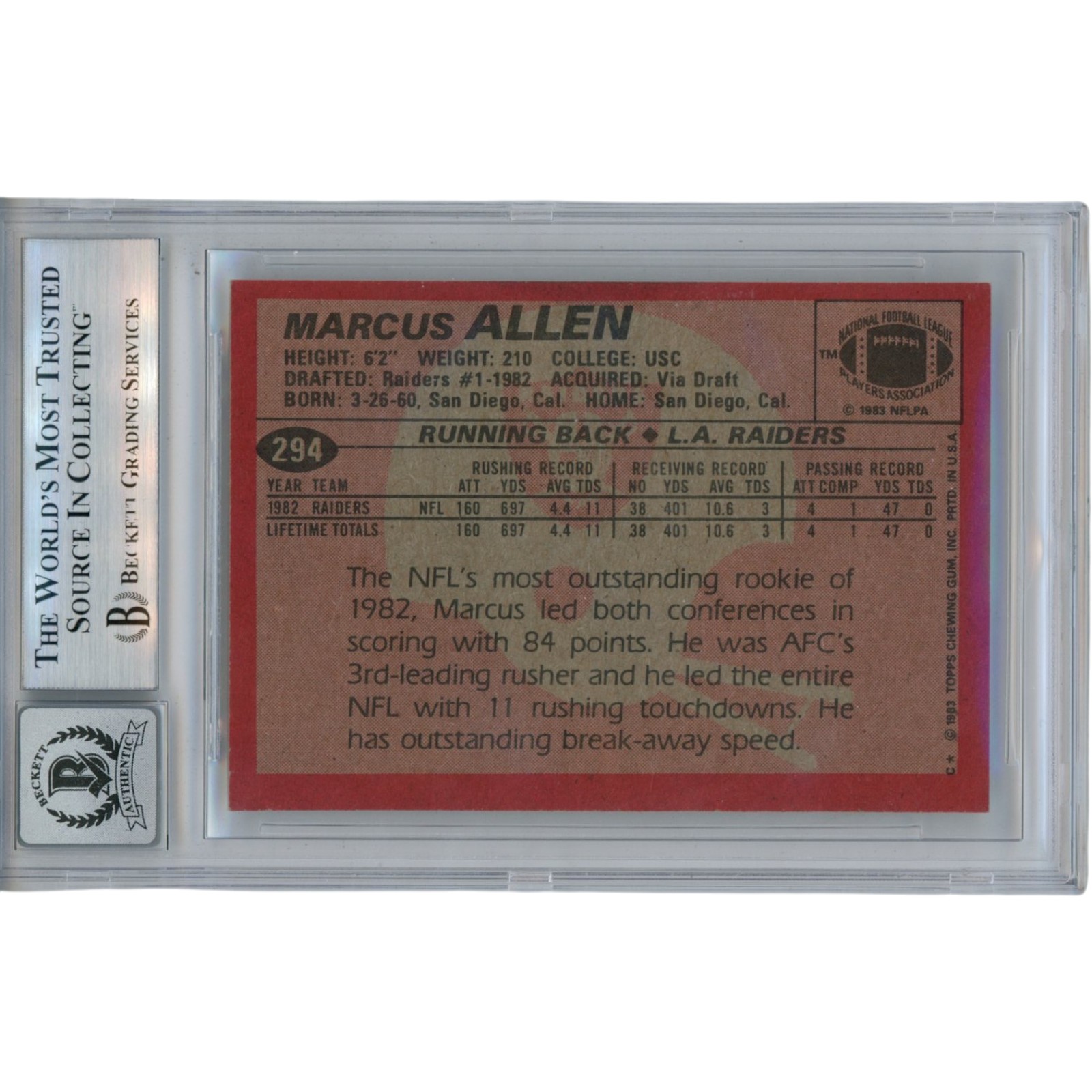 Marcus Allen Autographed 1983 Topps #294 HOF Trading Card 10 Slab Beckett 53377 2 Marcus Allen Autographed 1983 Topps #294 HOF Trading Card 10 Slab Beckett 53377