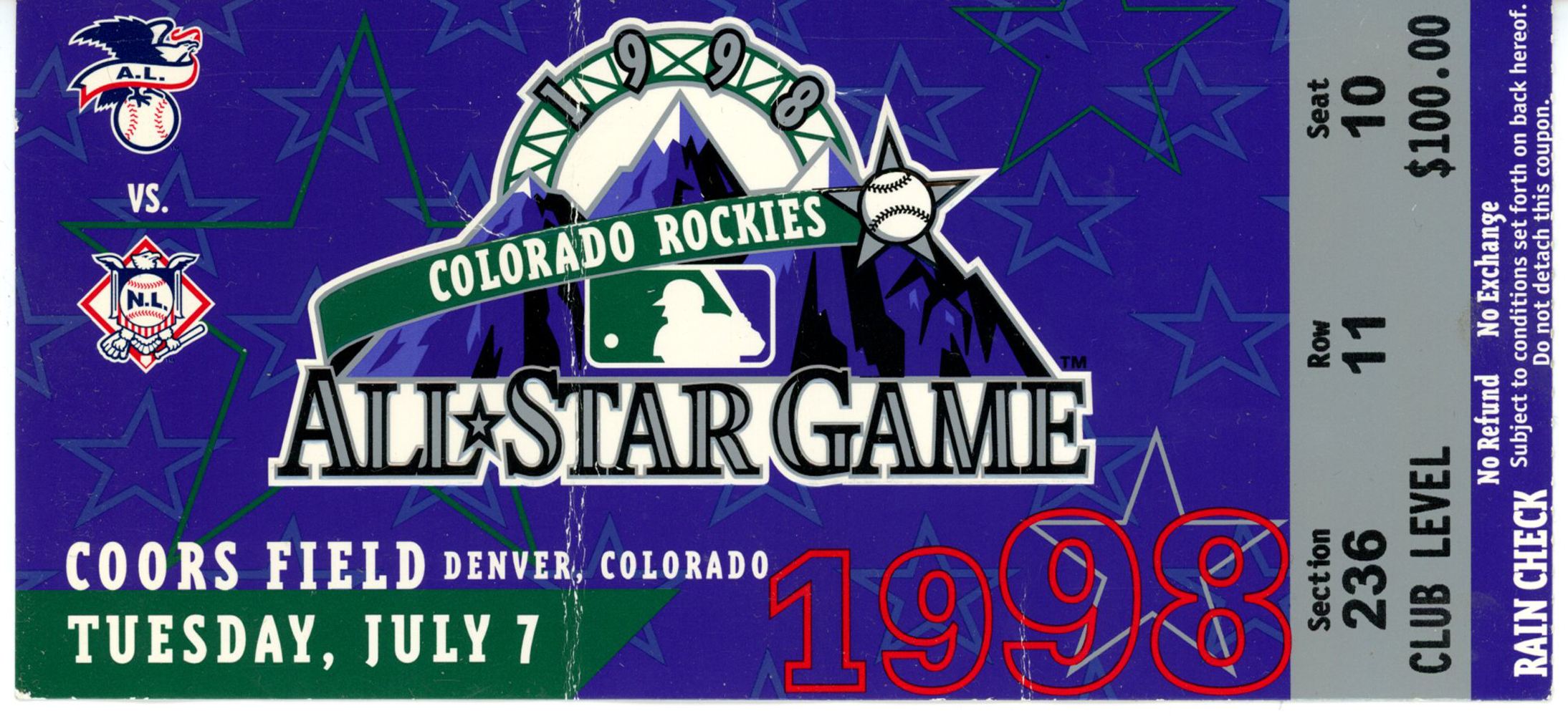 1998 MLB All Star Game Ticket Stub Coors Field