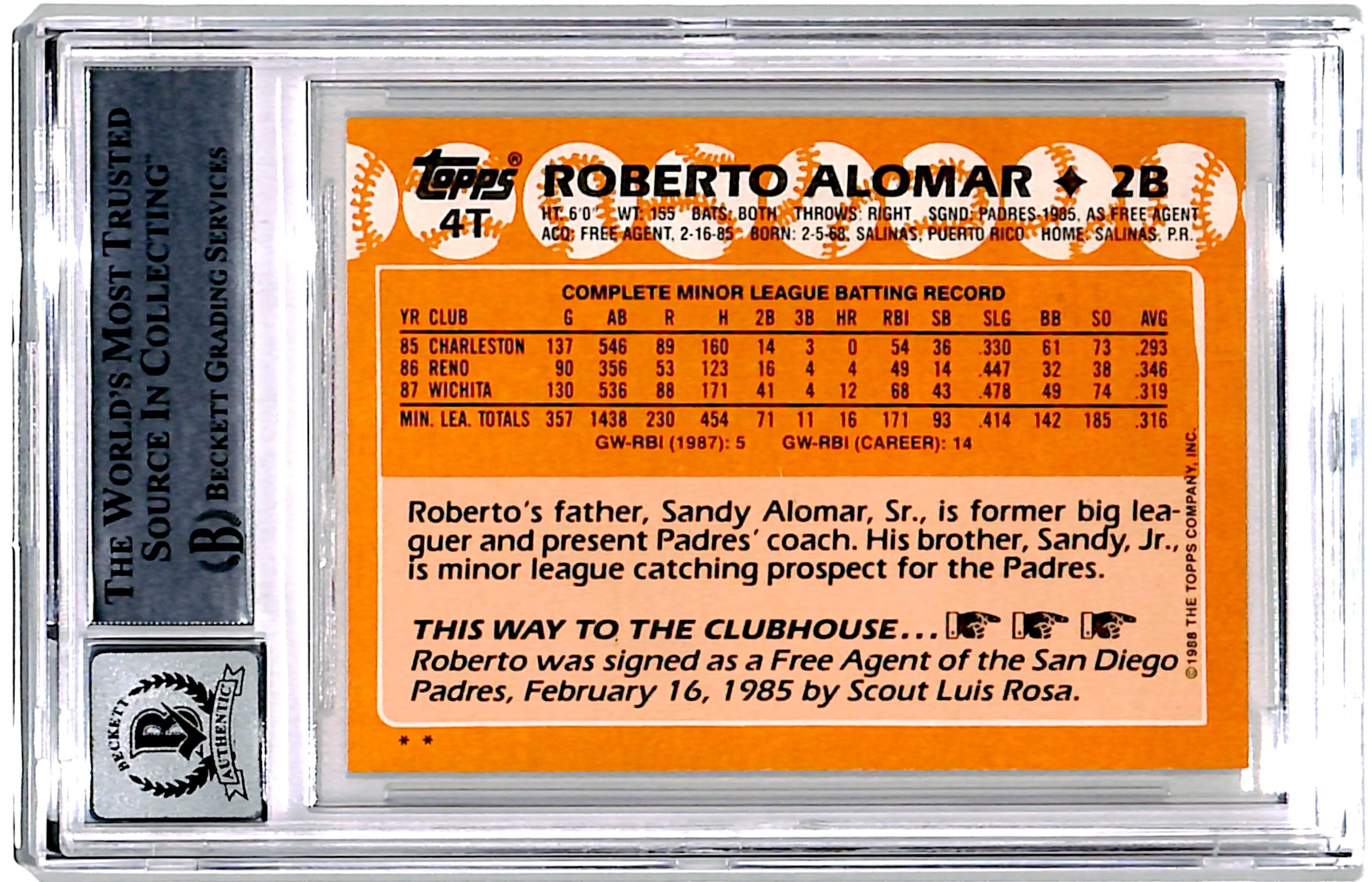 Roberto Alomar Signed 1988 Topps Update #4 Trading Card Grade 10 BAS 44496