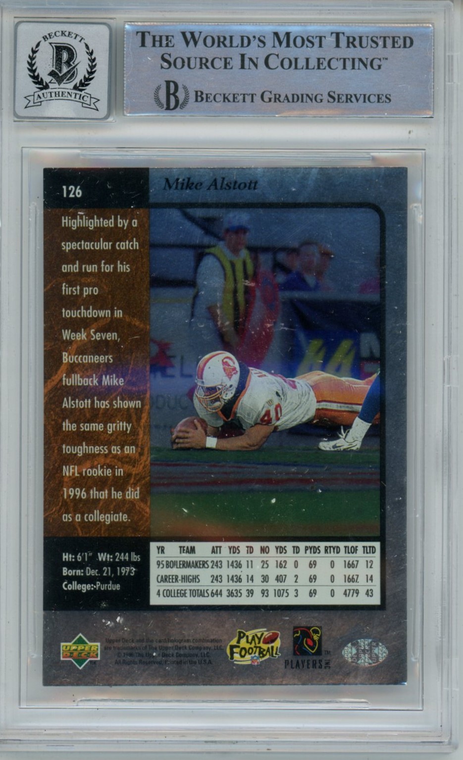 Mike Alstott Signed Tampa Bay Bucs 1996 UD SP #126 Beckett Auto 10