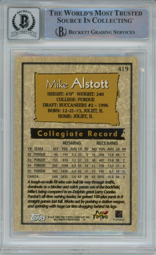 Mike Alstott Signed Tampa Bay Bucs 1996 Topps #419 Beckett Auto 10