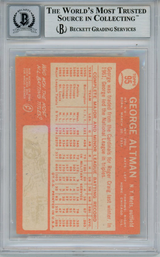 George Altman Autographed 1964 Topps #95 Trading Card Beckett 10 Slab