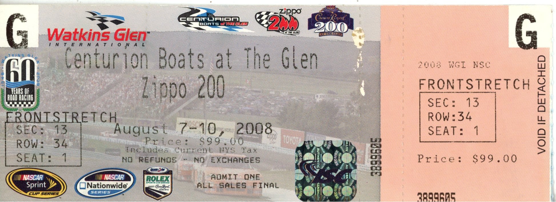 Marcose Ambrose Zippo 200 Watkins Glen Ticket 8/10/2008 Nationwide Win 55564