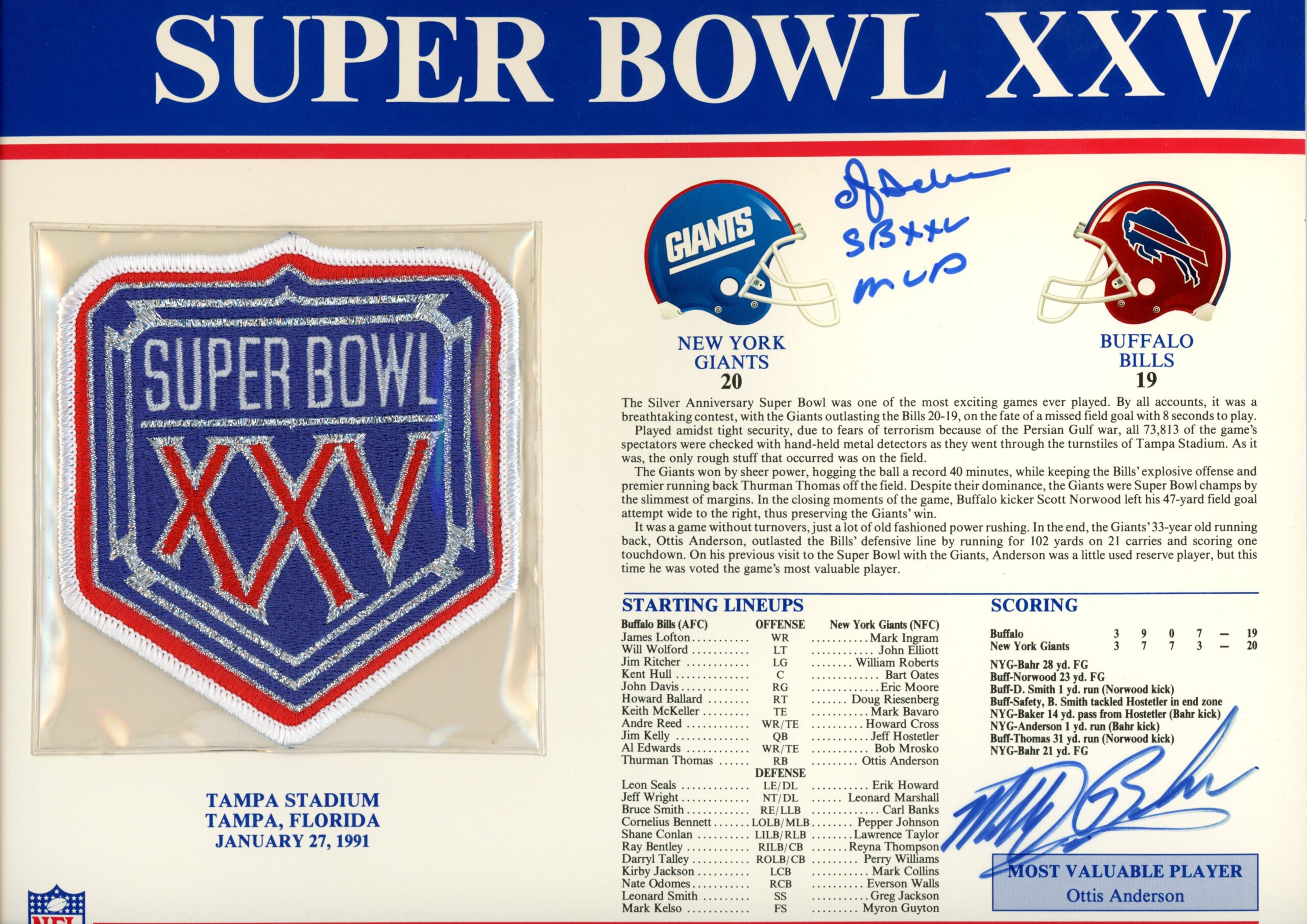 Ottis Anderson Matt Bahr Signed New York Giants SB XXV Patch Card Beckett 54935