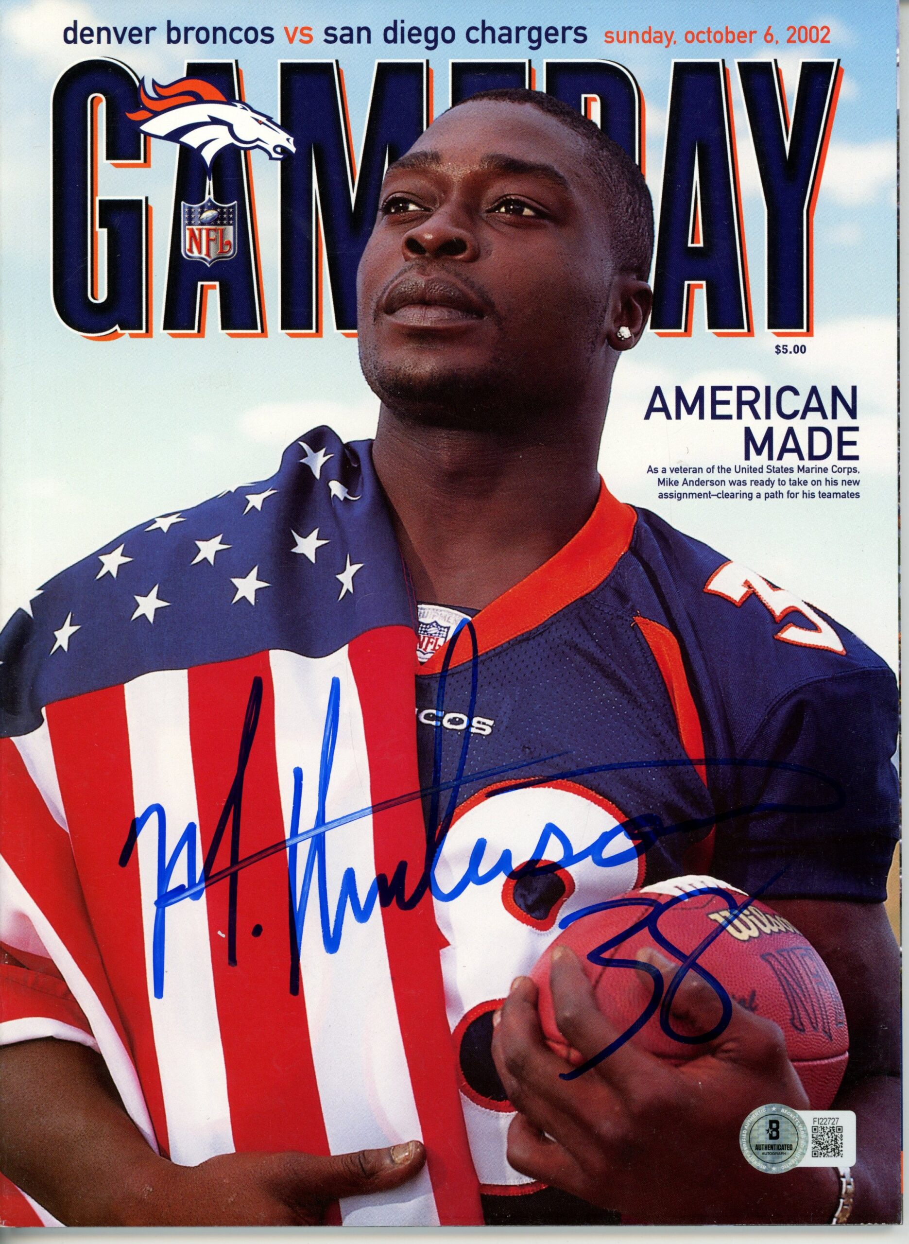 Mike Anderson Autographed Denver Broncos 2002 Gameday Magazine Beckett 55759