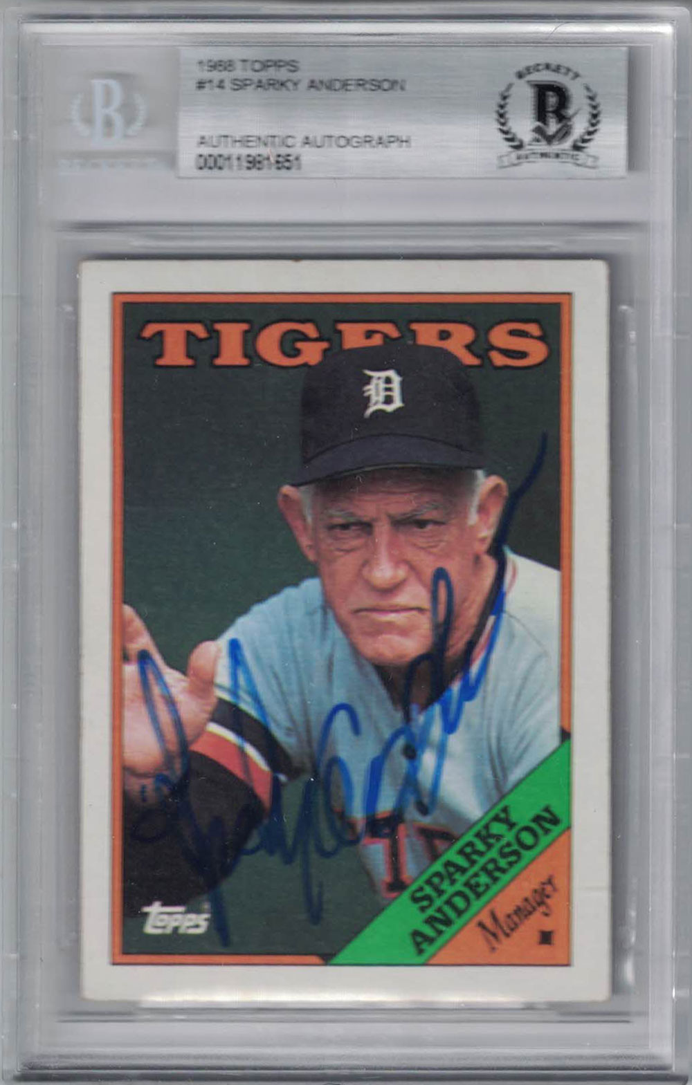 Sparky Anderson Autographed Detroit Tigers 1988 Topps #14 Trading Card BAS  27057 – Denver Autographs