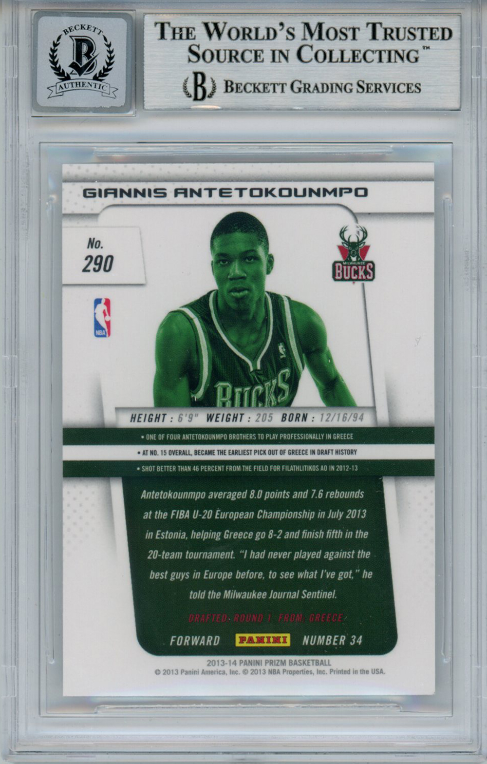 Giannis Antetokounmpo 2013 Panini Prizm #290 Rookie Card Beckett 10 Slab