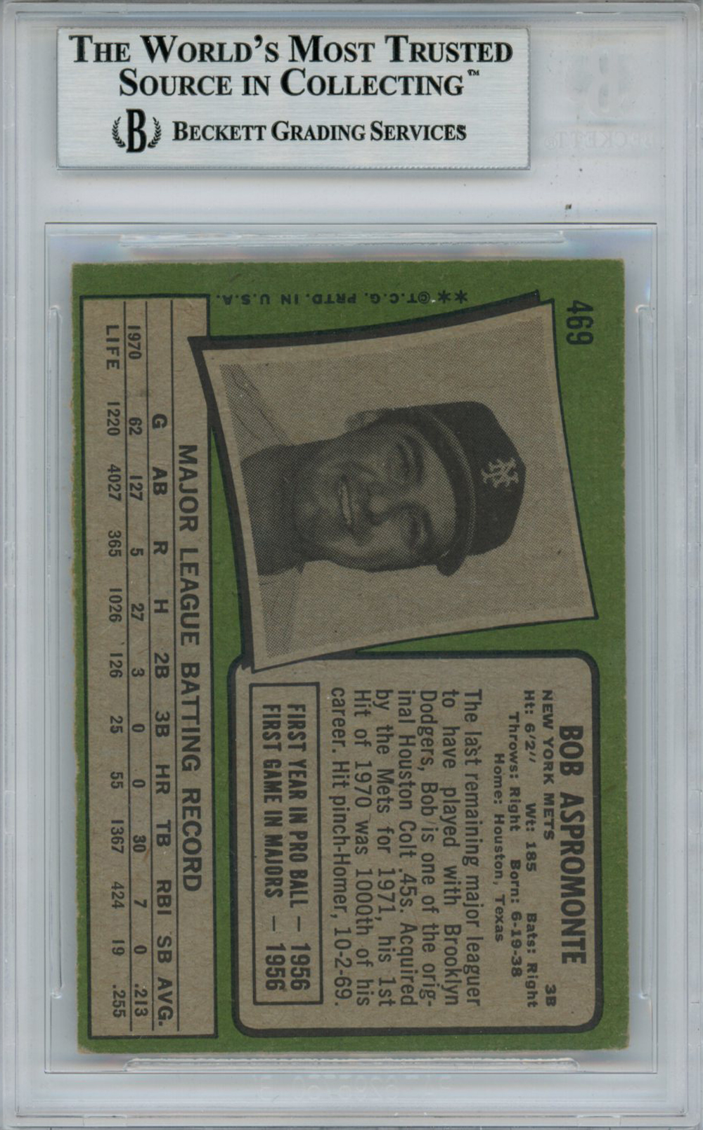 Bob Aspromonte Autographed 1971 Topps #469 Trading Card Beckett Slab