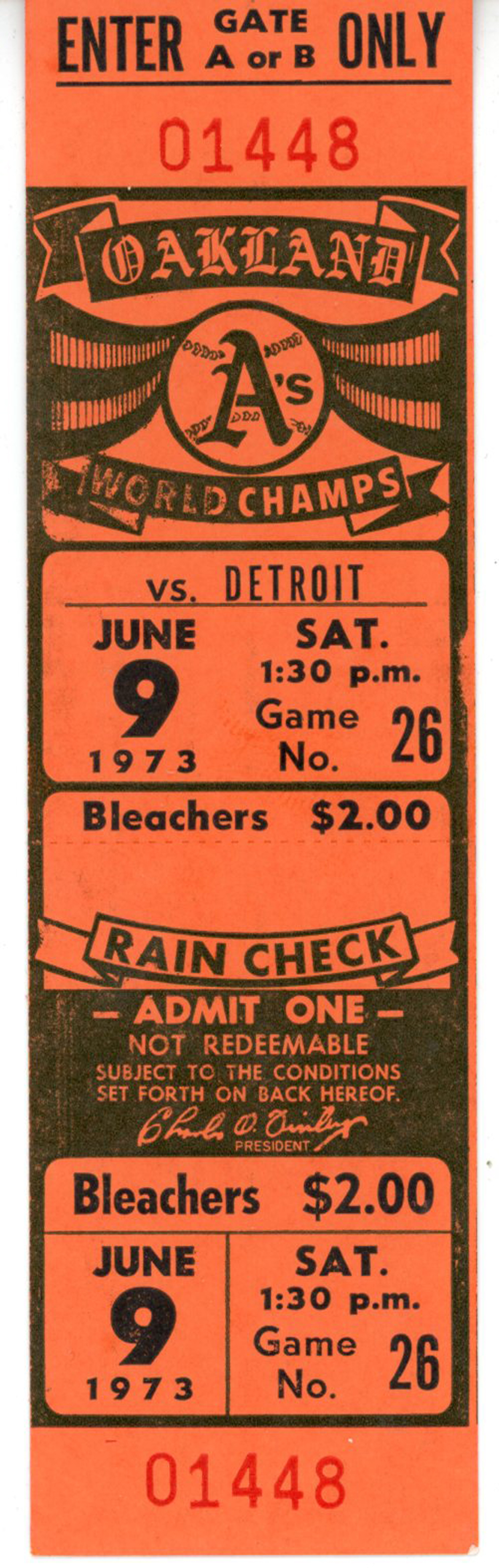 Oakland Athletics vs Detroit Tigers June 9, 1973 Ticket Stub