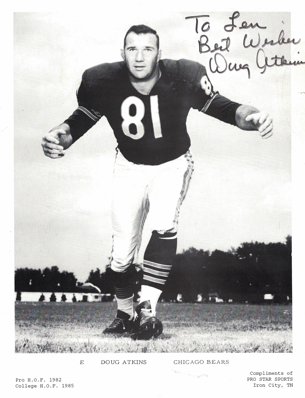 Doug Atkins Autographed/Signed Chicago Bears 8x10 Photo Personalized