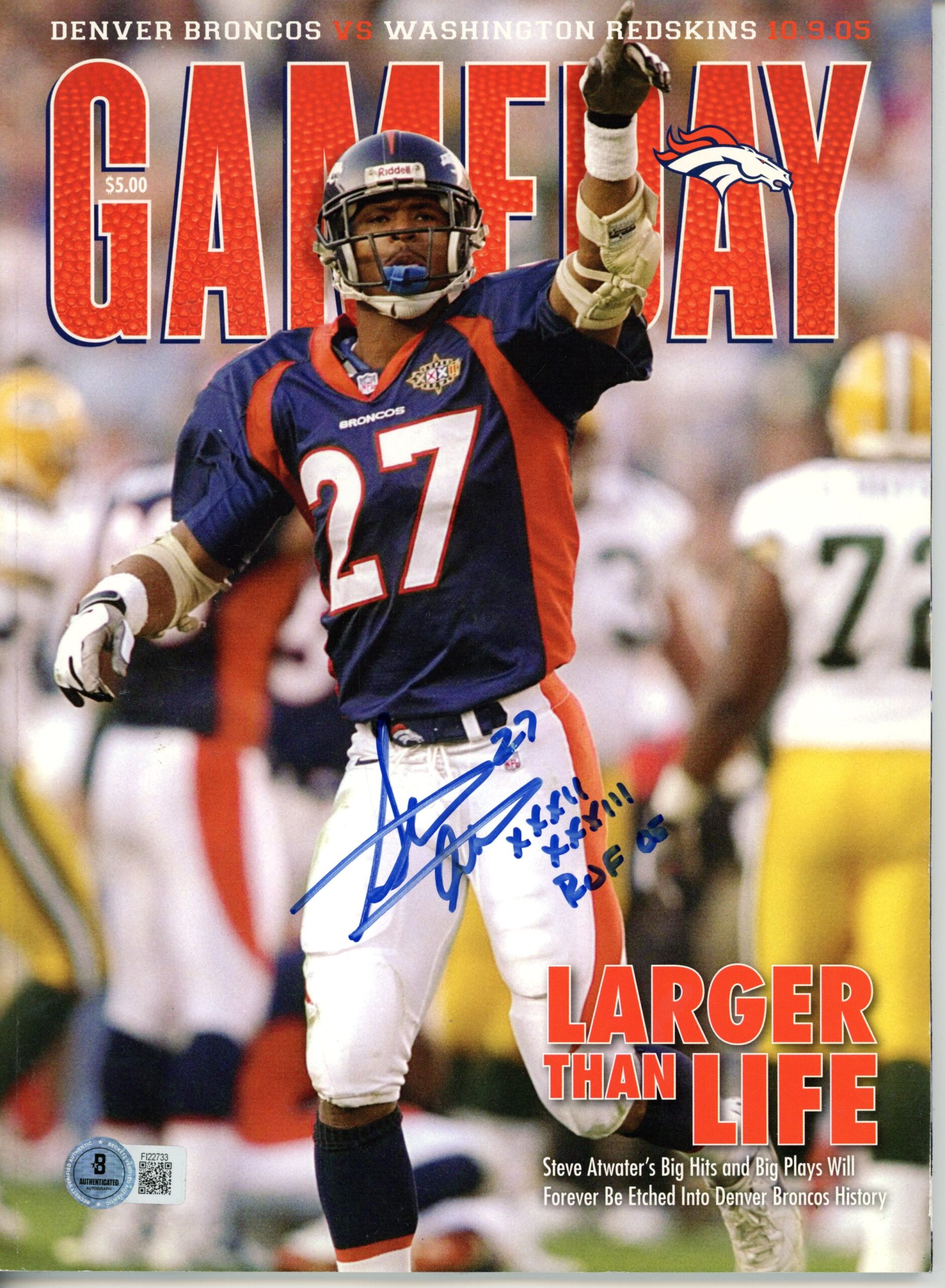 Steve Atwater Signed Denver Broncos Gameday Magazine XXXII XXXIII ROF BAS 55761
