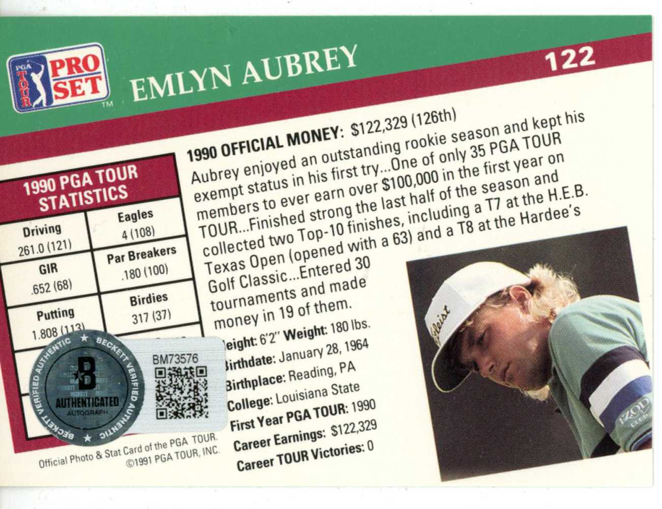 Emlyn Aubrey Autographed 1991 Pro Set #122 Trading Card Beckett 44830