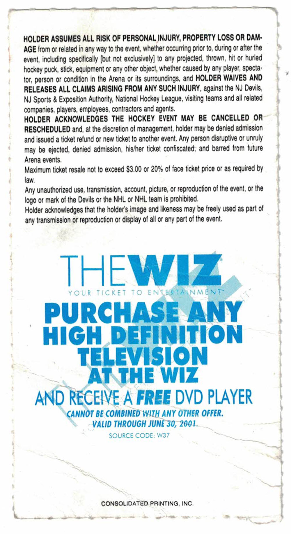 Colorado Avalanche vs Devils 2001 Stanley Cup Finals Game 2 Ticket