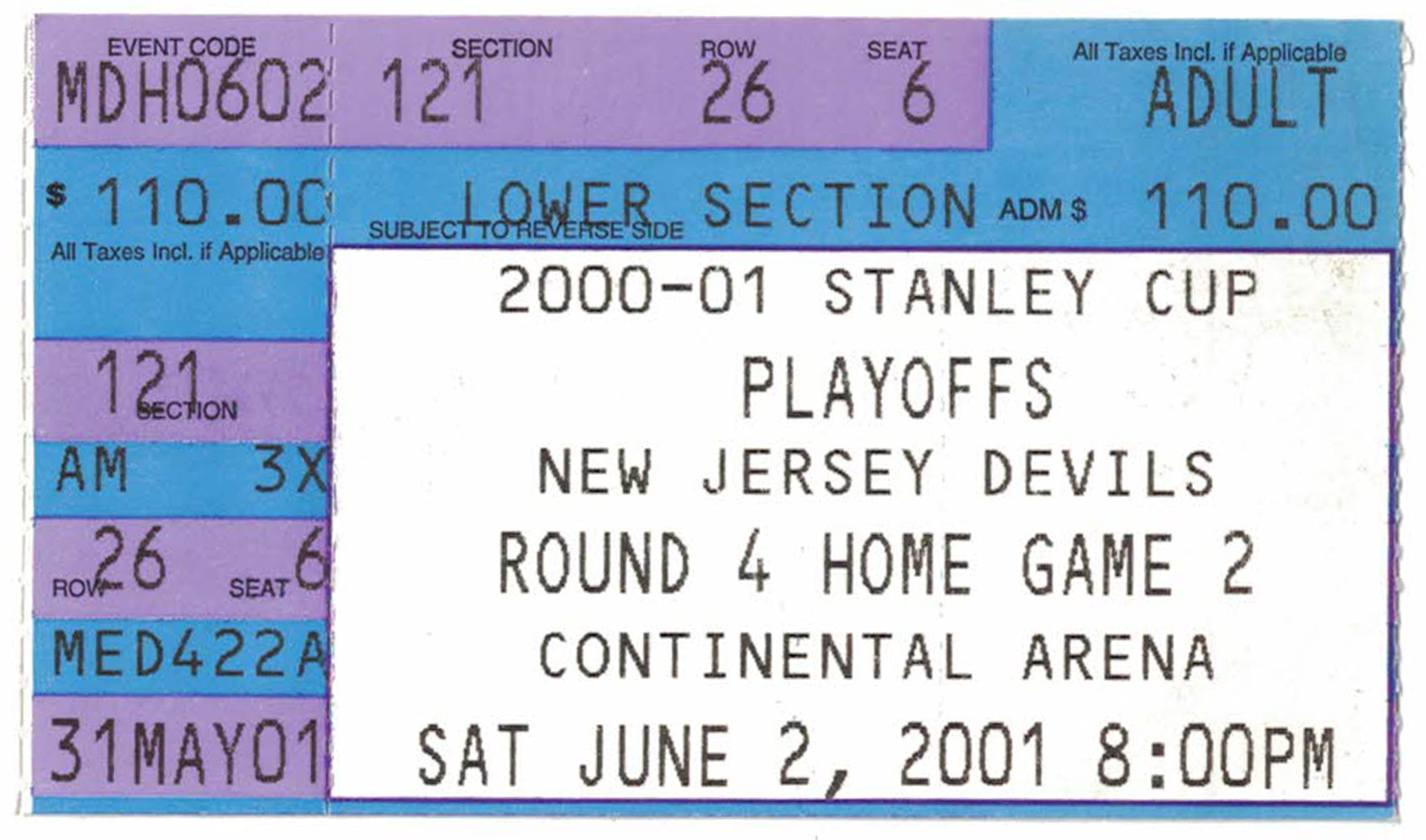 Colorado Avalanche vs Devils 2001 Stanley Cup Finals Game 2 Ticket