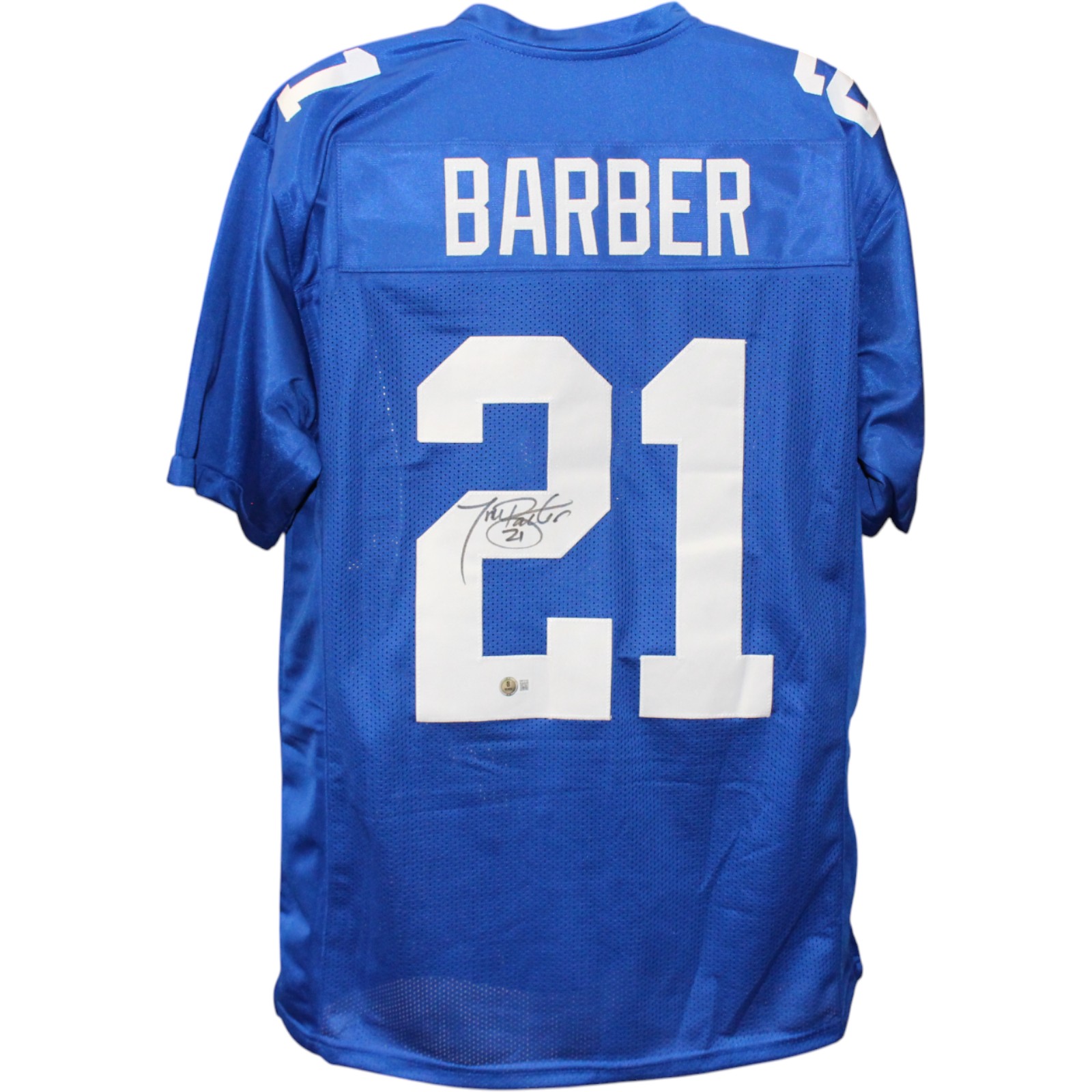 Tiki Barber Autographed/Signed Pro Style Blue XL Jersey Beckett Witness 51843 1 Tiki Barber Autographed/Signed Pro Style Blue XL Jersey Beckett Witness 51843