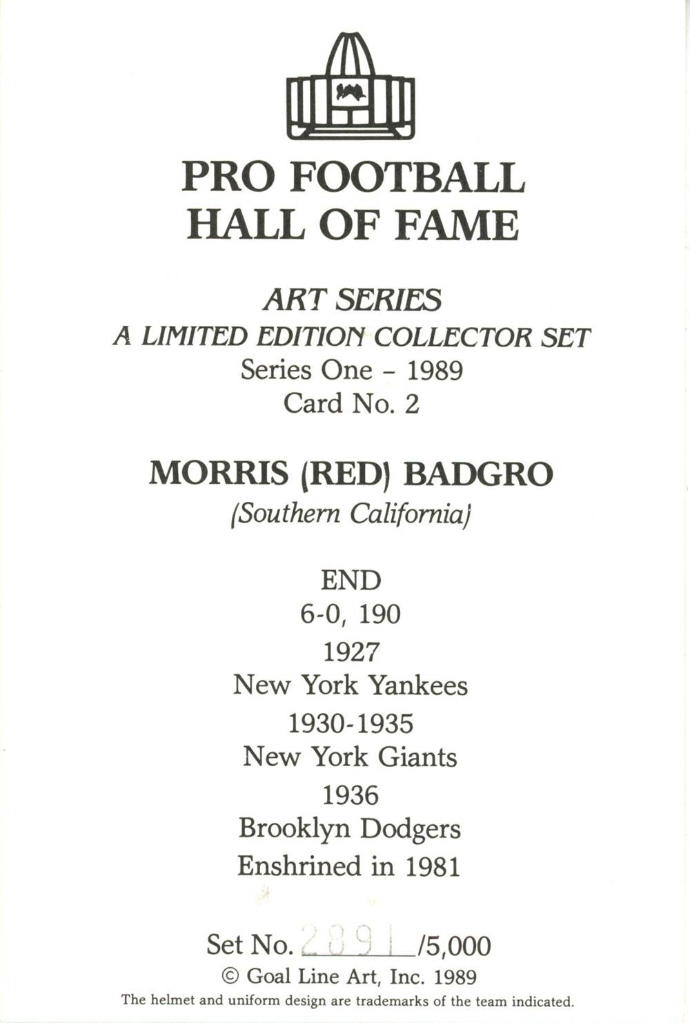 Red Badgro Unsigned 1989 Series One Goal Line Art Card New York Yankees