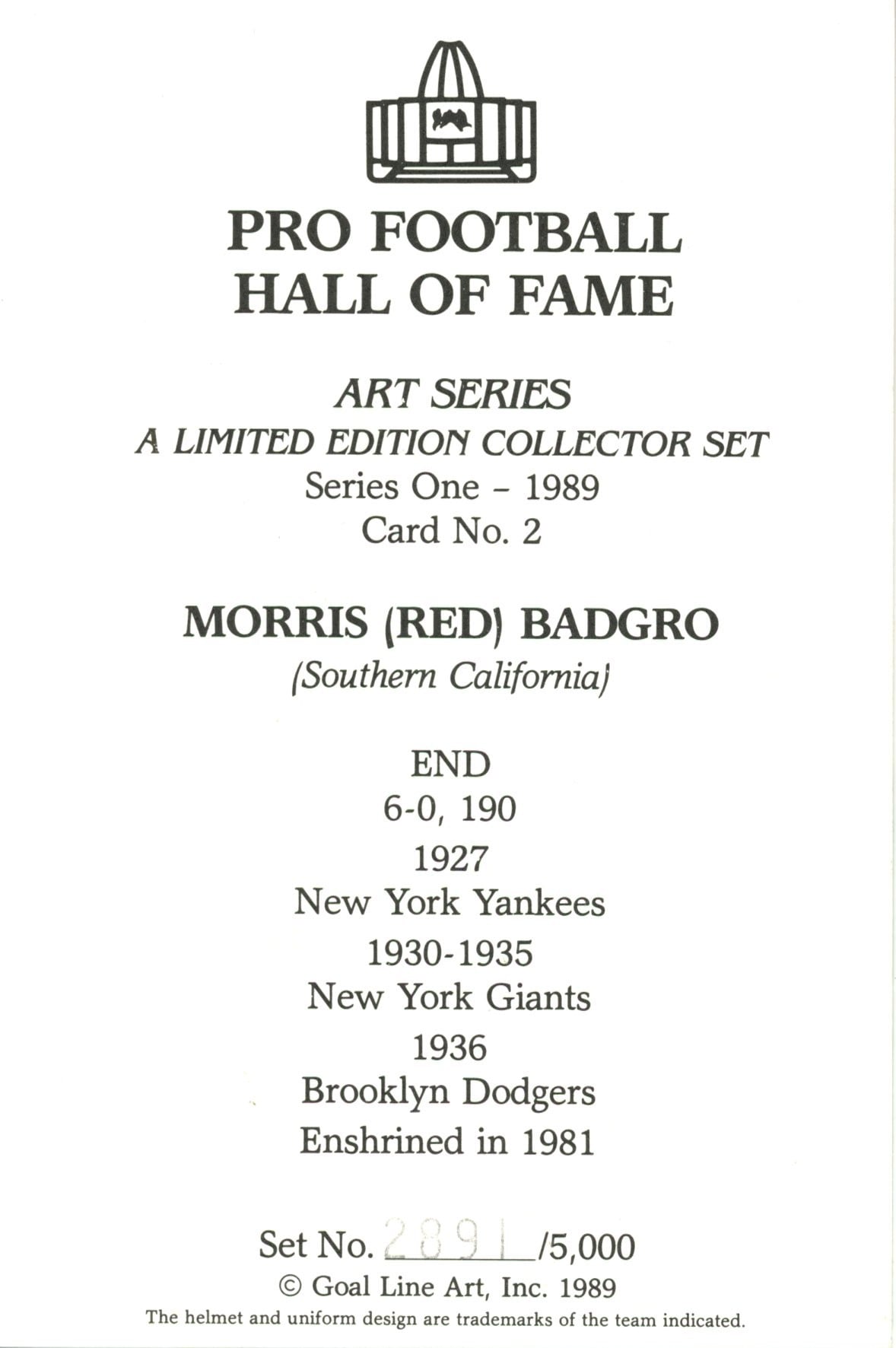 Morris "Red" Badgro New York Giants Goal Line Art Card Series 1 No 2 /5000 58037 2 Morris "Red" Badgro New York Giants Goal Line Art Card Series 1 No 2 /5000 58037