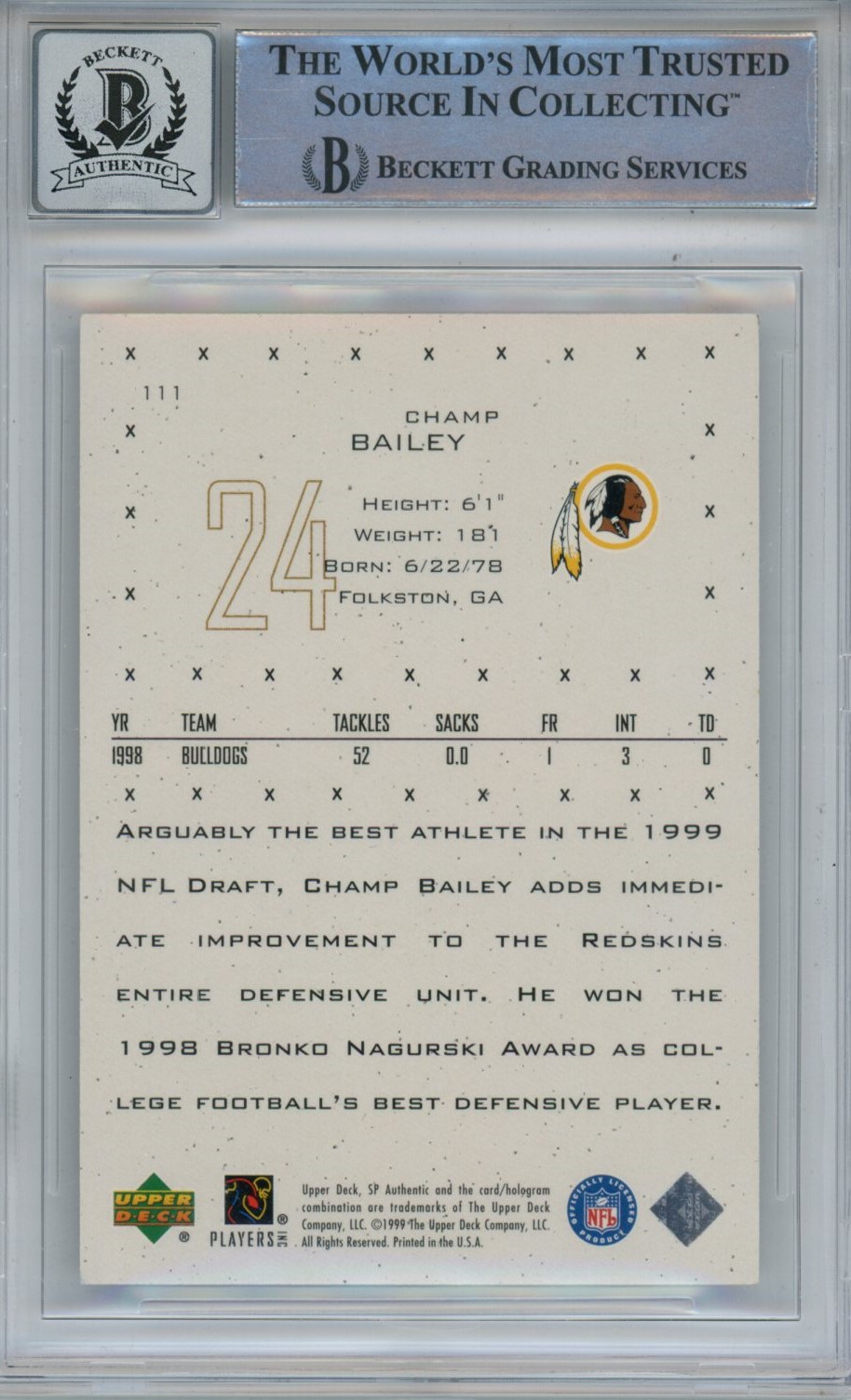 Champ Bailey Autographed 1999 Upper Deck SP 111 Trading Card Slab Beckett 43947