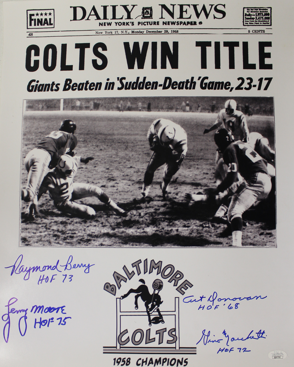 Baltimore Colts Hall Of Fame Autographed/Signed 16x20 Photo 5 Sigs JSA