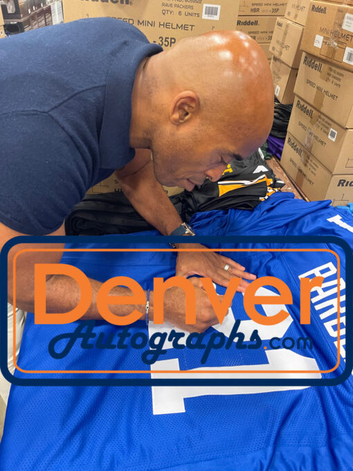 Tiki Barber Autographed/Signed Pro Style Blue XL Jersey Beckett Witness 51843