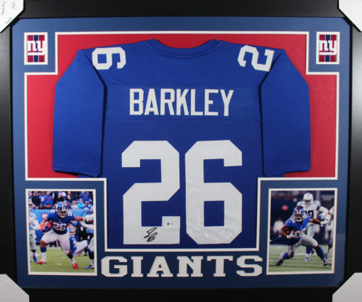 Saquan Barkley Autographed New York Giants Framed Blue XL Jersey BAS 11080