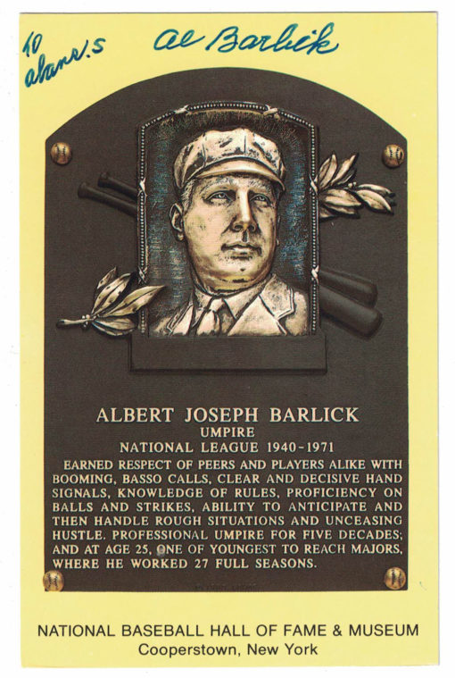 Albert Barlick Autographed/Signed Hall Of Fame Plaque Postcard BAS